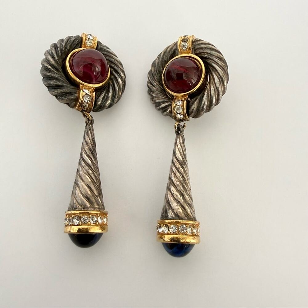 Givenchy Faux Sapphire Ruby Silver & Crystal Dangle Clip On Earrings Vintage